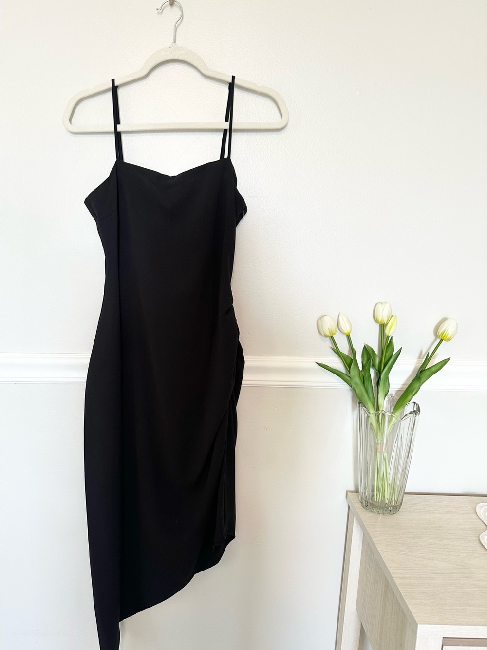 Sugar + Lips Black Ruched Asymmetrical Midi Dress Small Minimalist Date Night